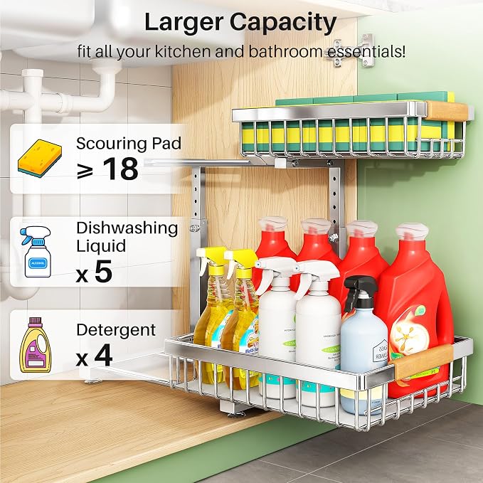 Kitstorack Under Sink Organizer, 2 Tier Under the Sink Storage, Slide out Pull out Cabinet Organizer Shelf, Metal Sliding Drawer for Kitchen Bathroom Pantry Closet Organization Rack, Silver, 2 Pack