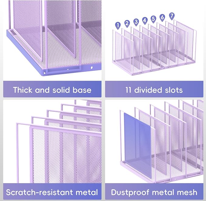File Organizer for Desk, 7-Section Vertical File Sorter, Paper Holder Organizer Standing Metal File Folder for Office Home Classroom, Purple