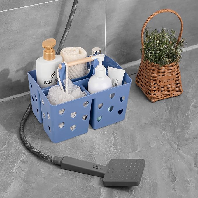 Portable Shower Caddy Plastic Shower Basket Organizer with Handle Dark Blue | Divided Bathroom Caddy Storage Cleanning Caddy Tote for College, Dorm Room, Kitchen
