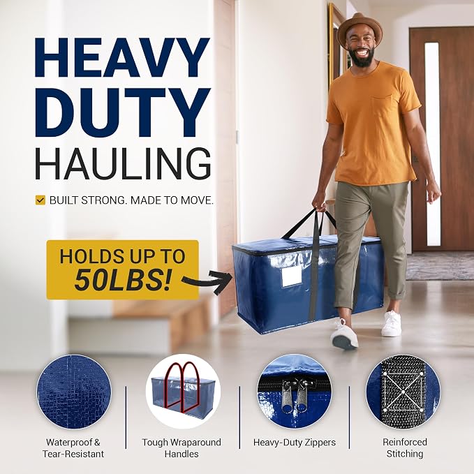 Reli. Moving Bags Heavy Duty (2 Pack) Blue Extra Large Totes | For Storage & Packing | Small Space & Dorm Room Essentials | Packing Bags w/ Handles & Zippers | Alternative to Moving Boxes