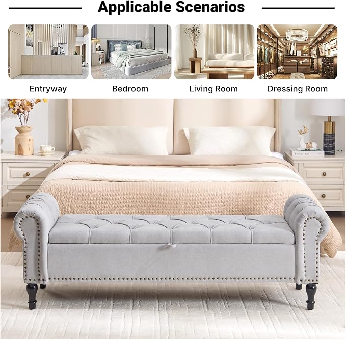Storage Bed Bench for Bedroom, Chenille 67" End of Bed King Size Benches with Armrest, Tufted Button Upholstered Ottoman Bench for Living Room, Entryway, Silver Grey
