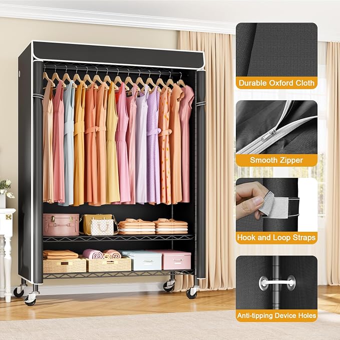 P6C Plus Rolling Clothes Rack with Cover, Covered Clothing Rack | Portable Closets for Hanging Clothes, Heavy Duty Garment Rack on Wheels, Black Closet Rack with Black Cover, Max Load 375LBS