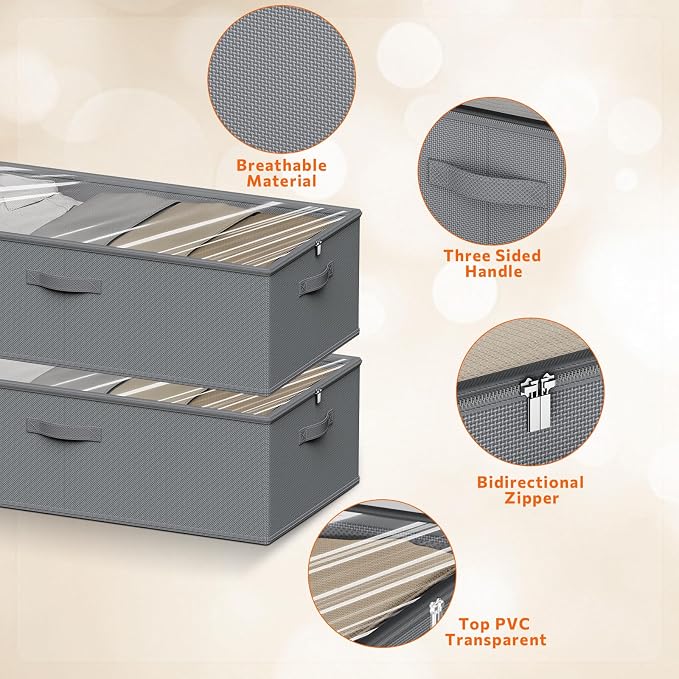 10inch 3 Pack Under Bed Storage Containers, 10 Inch Tall Underbed Clothes Storage Organizer Bin with Clear Window，Foldable Box Basket for Clothes, Closet, Bed Sheets and Blankets Gray