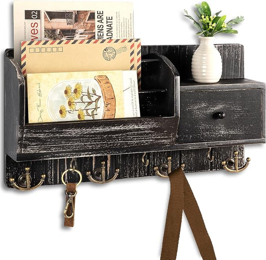 Rebee Vision Key Holder Wall Mount with Hooks for Room Decor, Old Black | Wooden Storage Drawer for Letters & File, 7 Key Hooks, Rustic Wall Mail Organizer for Entryway, Office, and Kitchen