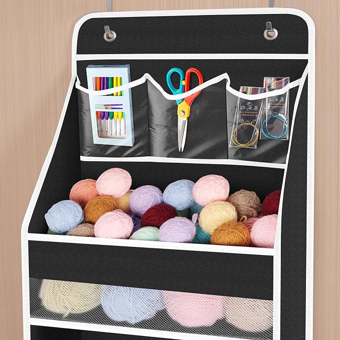 Univivi Fabric Over Door Hanging Organizer for Baby Nursery, Black, 5-Shelf | Door Storage with Large Capacity Breathable Mesh Pockets, Back of Door Organizer for Baby Essential, Bedroom, and Dorm