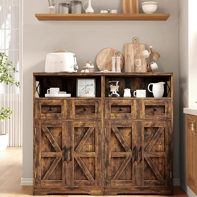 Farmhouse Storage Cabinet with Drawers, Small Kitchen Pantry Cabinet, Brown | Accent Coffee Bar Cabinet Cupboard, 2 Drawers, 2 Barn Doors & Adjustable Shelves, for Kitchen/Entryway/Living Room/Bathroom