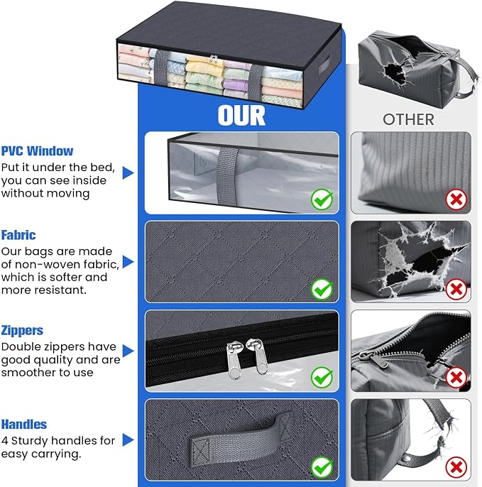 TasticTotes Under Bed Storage Containers, 6 Pack Blanket Storage Bags, Collapsible Storage Bags with Big Zippers, Clear Front, Shoe Storage and Organization for Clothes, Comforter, 90L, Grey