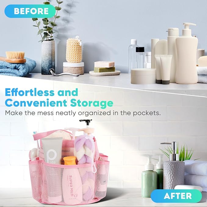EUDELE Mesh Shower Caddy Portable for College Dorm Room Essentials,Portable Shower Caddy Dorm with 9-Pocket Large Capacity, Shower Bag for Beach, Swimming, Gym, Travel essentials, Pink
