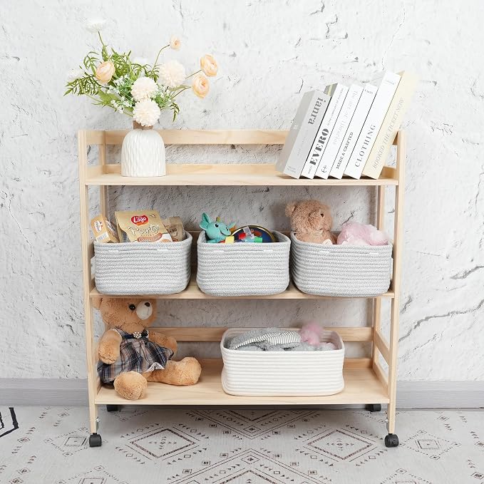 XUANGUO Small Woven Storage Baskets for Shelves, 13" x 9" x 5", Gray | Decorative rope storage bins for closets and toy storage; cute organizer baskets, empty gift baskets and nursery storage.