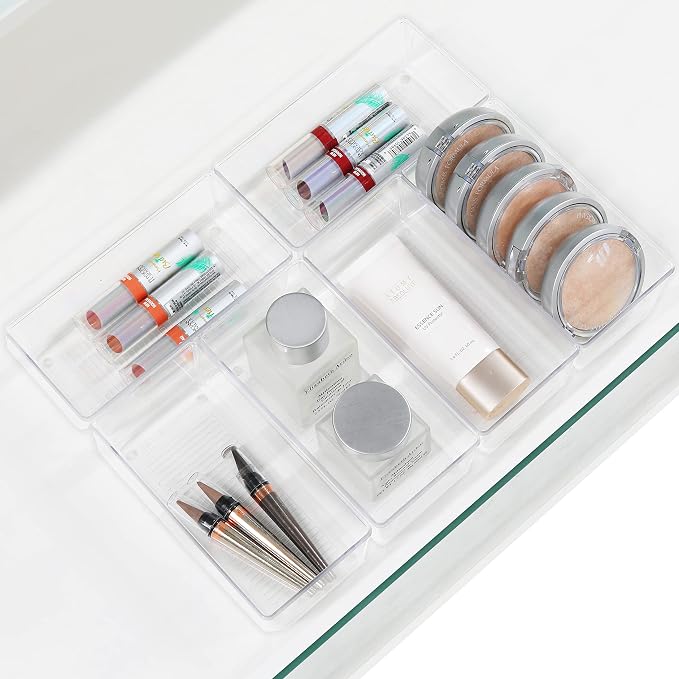 Simple Houseware Clear Desk Drawer Organizer, 3.25"x 6.25", 6 Packs | For Desk, Office, Bathroom, Makeup, and Craft Storage