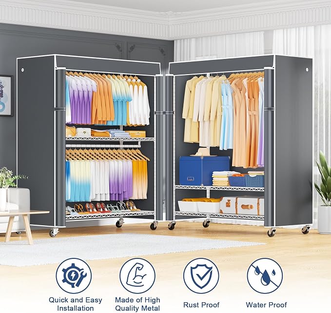 ULIFHOME P8C Max Heavy Duty Clothes Rack（With Extended Width Design） Rolling Clothing Racks for Hanging Clothes with Lockable Wheels，51.2" W x 15.8" D x 80.5" H，Load 800LBS，White Rack with Grey Cover
