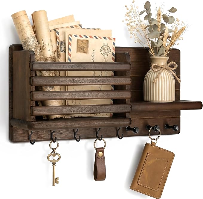 Rebee Vision Key Holder Wall Mount with Mail Slot for Home Decor, Brown | Pine Wood, Round Corner, 8 Key Hooks, Key Holder for Wall, Mail Organizer, Bill Storage, Home Aesthetic