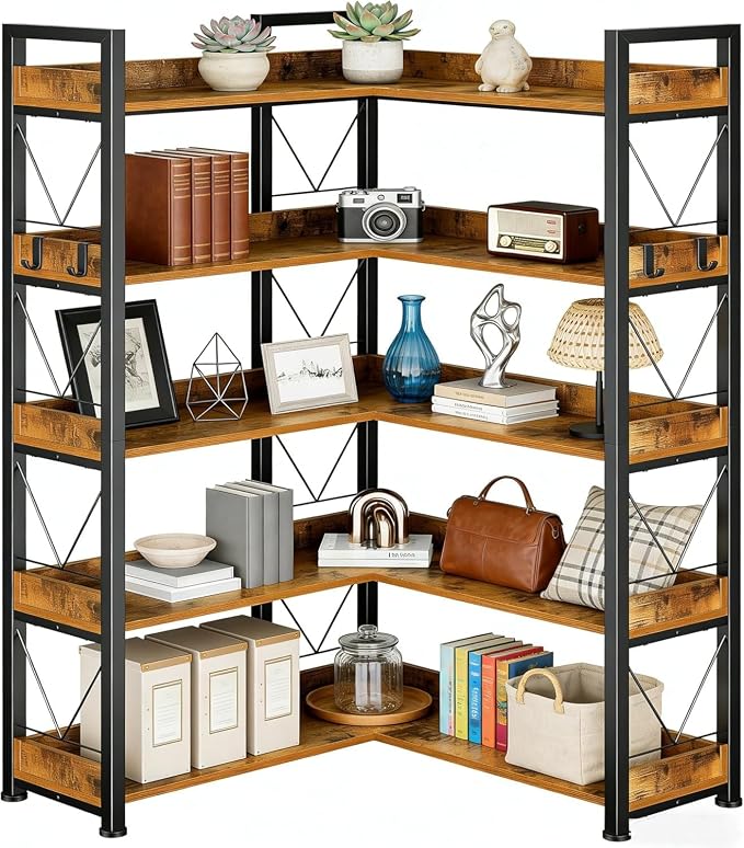 HealSmart 5 Tier L Shape Bookshelf, 65" Corner Bookcase with Hooks and Edge, Industrial Wooden Bookcase with Open Shelves and Metal Frame for Living Room, Bedroom, Home Office, Kitchen, Brown