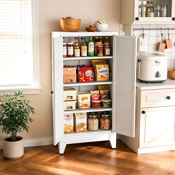 AQY Metal Pantry Cabinet, White Kitchen Storage Cabinet with Doors | Adjustable Shelves Freestanding Storage Metal Cabinet Kitchen, Dining & Bathroom Organization