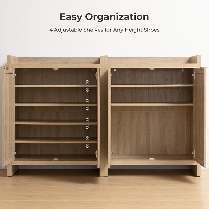 SICOTAS Shoe Cabinet Set of 2 Large Capacity Shoe Storage Organizer Cabinet | Tall Rattan Shoe Cabinet with Doors and Shelves, 6-Tier Farmhouse Boho Wooden Storage Cabinet for Entryway, Light Oak