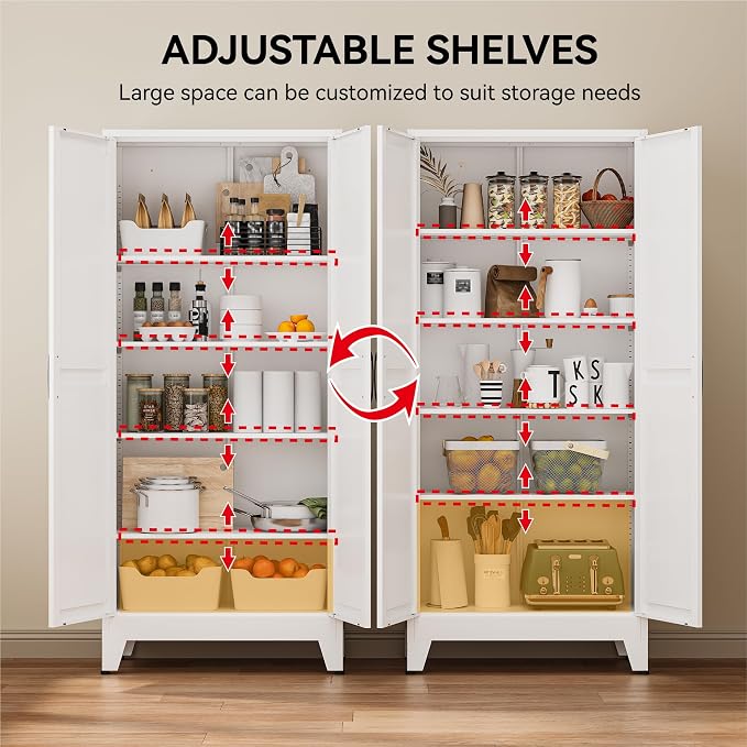 COFaR 71" White Farmhouse Pantry Cabinet with Doors and Adjustable Shelves | 5-tier kitchen pantry cabinet with square-panel doors and 4 adjustable shelves for laundry room, office or garage storage.