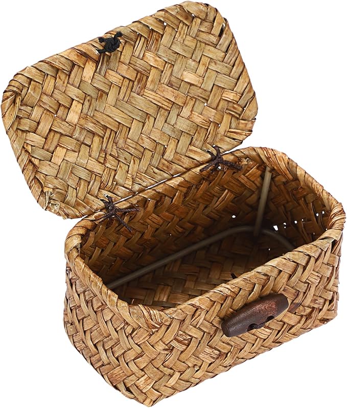 Hipiwe Handwoben Seagrass Basket With Lid Wicker Storage Baskets Decorative Shelf Basket Mini Desktop Organizer, Caramel 4.3" x 2.5" x 2.1"