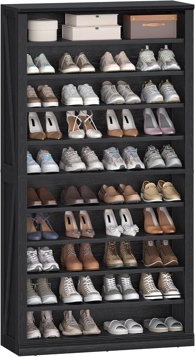 Hzuaneri Shoe Storage Cabinet,10 Tiers Farmhouse Tall Shoe Cubby Organizer | Freestanding Shoe Cabinets, Wooden Shoes Rack with Cubby, 36-40 Pairs, for Entryway, Living Room, Black SR59204X