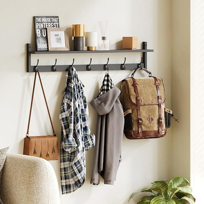 BAMEOS Wall Hooks with Shelf 35 Inch Length Entryway Hanging Shelf Wood Coat Hooks Wall-Mounted Coat Hook Rack with 7 Dual Hooks for Bathroom, Living Room, Bedroom (Black)
