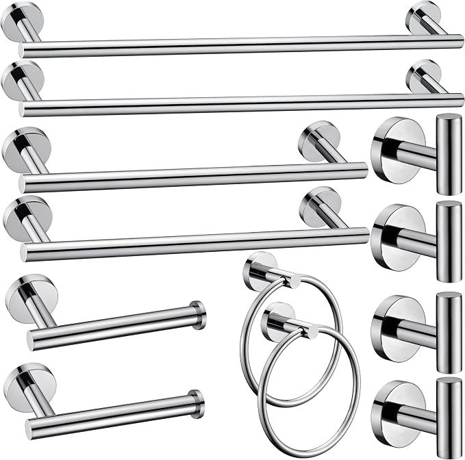 12 Pieces Polished Chrome Bathroom Hardware Accessories Set Hand Towel Ring 16&23.6 inch Round Towel Bar Toilet Paper Holder Towel Hooks 4 Pieces SUS 304 Stainless Steel,Heavy Duty,Wall Mounted