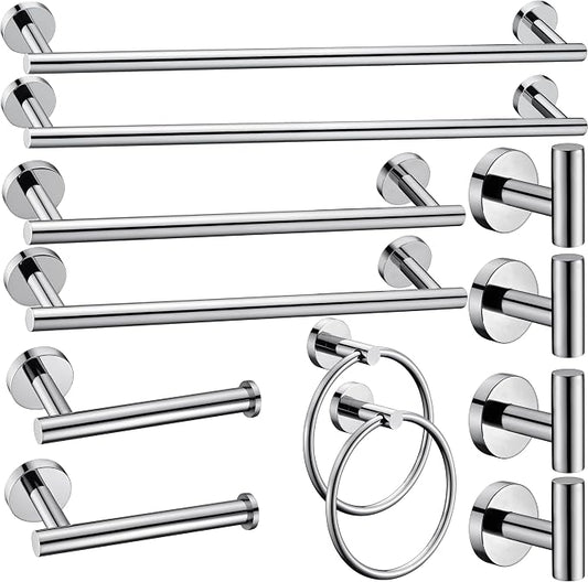 12 Pieces Polished Chrome Bathroom Hardware Accessories Set Hand Towel Ring 16&23.6 inch Round Towel Bar Toilet Paper Holder Towel Hooks 4 Pieces SUS 304 Stainless Steel,Heavy Duty,Wall Mounted