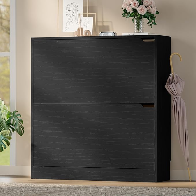 BORNOON Shoe Cabinet with 2 Flip Drawers, Slim Narrow Shoe Storage Cabinet, Freestanding Shoe Organizer with Adjustable & Removable Shelves, Top Display Shelf for Entryway, Hallway, Foyer, Closet