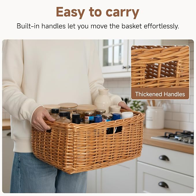 StorageWorks Pantry Baskets, Willow Storage Baskets for Organizing, Shelves, Pantry Organizers and Storage, Light Brown, 16 ½"L x 13" W x 7 ½"H