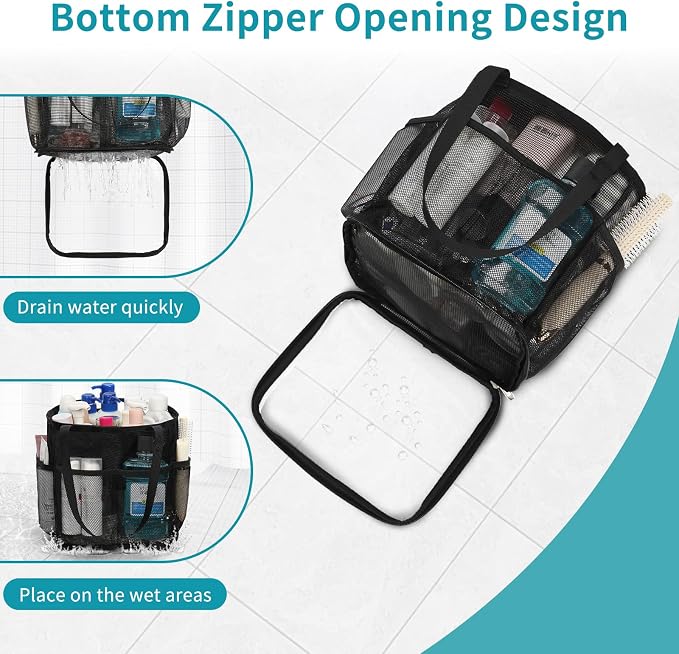 Mesh Shower Caddy Portable for College Dorm Room Essentials, Hanging Shower Caddy with Waterproof Phone Pouch, Large Capacity Shower Bag Basket Tote for Bathroom, Gym, Camping, Swimming, Beach, Black