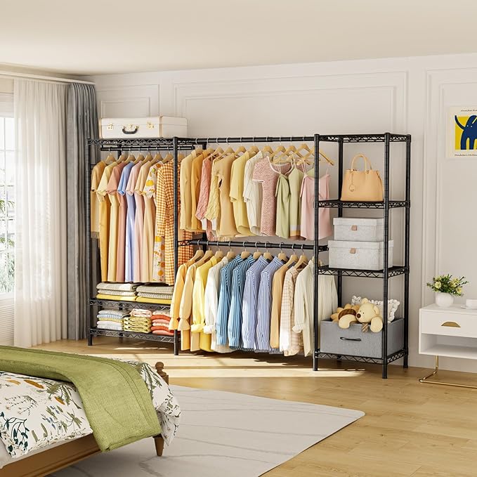 Golpart Heavy Duty Clothing Rack with Adjustable Shelves Clothes Wardrobe | Coat Rack Metal Closet Organizer and Storage Garment Rack for Hanging Clothes Wire Portable Cloth System Free Standing Black