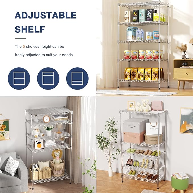 5-Tier Heavy Duty Metal Shelf,Chrome Wire Shelving Unit 35"Wx18Dx71H | Height Adjustable Storage Wire Shelves with Lockable Wheels for Garage,Kitchen,Office,Bathroom,Studio