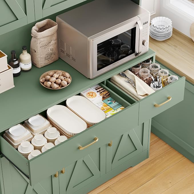 HOSTACK 71"H Kitchen Pantry Storage Cabinet, Farmhouse Hutch Cabinet, Green | Space-Saving Pantry Cabinet with Charging Station & 2 Large Drawers & Adjustable Shelves, Tall Kitchen Hutch for Dining Room