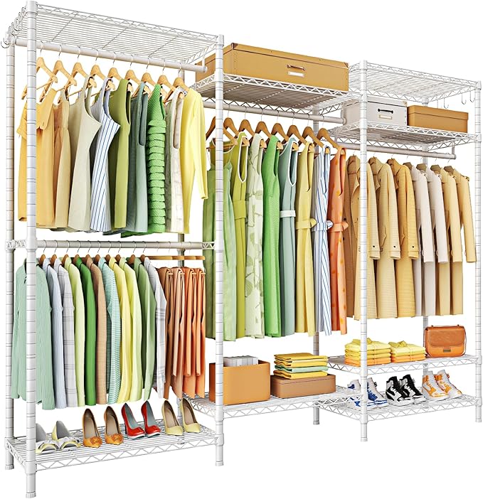 E13 Heavy Duty Clothes Rack（With 4 Hanger Rods & 8 Shelves） Freestanding Clothing Racks for Hanging Clothes，Adjustable Closet Organizer，Metal Garment Rack 63" W x16 D x77 H，Max Load 900LBS，White