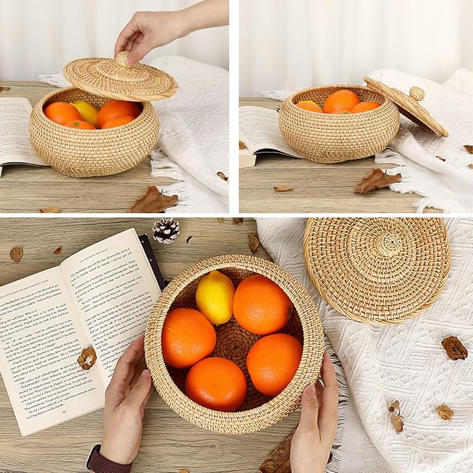 Hipiwe Round Rattan Basket Box with Lid Hand-Woven Wicker Basket Bin Tray Multi-Purpose Picnic Food Bread Storage Basket Decorative Box for Home Bathroom Shelf Organizing, Small