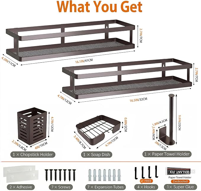PUSDON 5-in-1 16.5" Extra Long Kitchen Organizer & Shower Caddy Set, Wall Mount Spice Rack with Paper Towel Holder, Utensil Holder & Soap Dish, Rustproof Mesh Storage Rack, Vintage Bronze, Guardrail