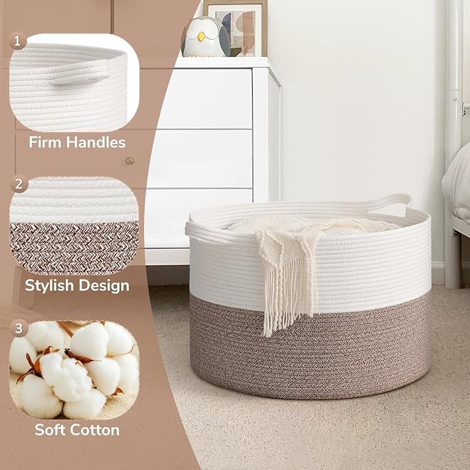 Goodpick 65L Large Woven Rope Basket for Blankets Living Room, 65L | 19.7 x 19.7 x 12.6 In Woven Basket for Storage, Kids Toy Storage for Playroom, Laundry Basket for Towels,Mele