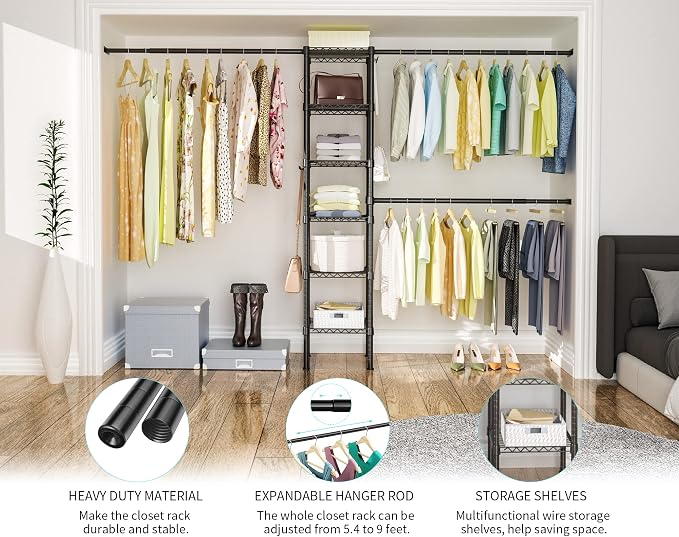 Ulif M1 Closet Storage Organizer System, 6 Tiers Heavy Duty Metal Clothing Garment Rack with 3 Expandable Hanger Rods, Wall Mounted Space Saver Suits from 3.3-8.7 ft. Width, 71.2”H x 14”D, Black