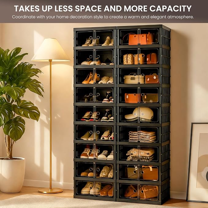 Foldable Shoe Organizer Storage Box Set of 4, Portable Extra Large Folding Shoe Rack for Closet, Shoe Storage Box with Magnetic Transparent Door and Wheels, 9 Layers 18 Grids