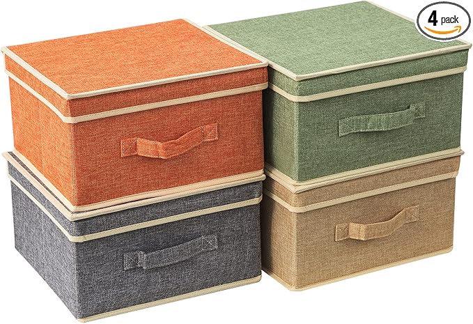 Storage Bins with Lid, Foldable Clothing Storage Box case with Handle for Closet, Bedroom, Home, 4 Color Set A, 13L x 12.5W x 7H inch