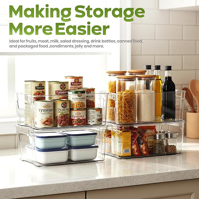 Utopia Home - Fridge & Refrigerator Organizer Bins (8 Pack), Clear Stackable Durable Plastic Storage Containers with Easy Grip Handles for Pantry, Kitchen Cabinets & Countertops (8)