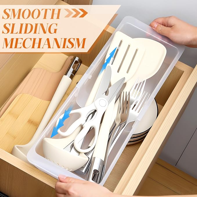 1 Pack Adjustable Deep Drawer Organizer Storage Bin(12.4" to 18”) | Expandable Drawer Storage, Adjustable Size, Kitchen Cabinet Organization