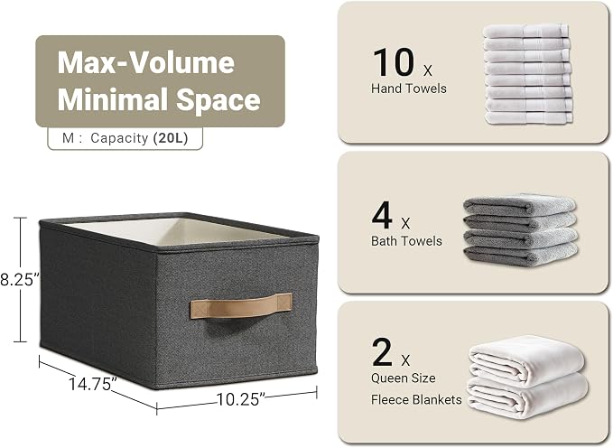 3-Pack Closet Storage Bins, Foldable Fabric Storage Baskets, Black | Thickened Rigid PP Panels, Cotton-linen Shelf Baskets, Measure 14.75"L x 10.25"W x 8.25"H for Clothes, Closets and Drawers