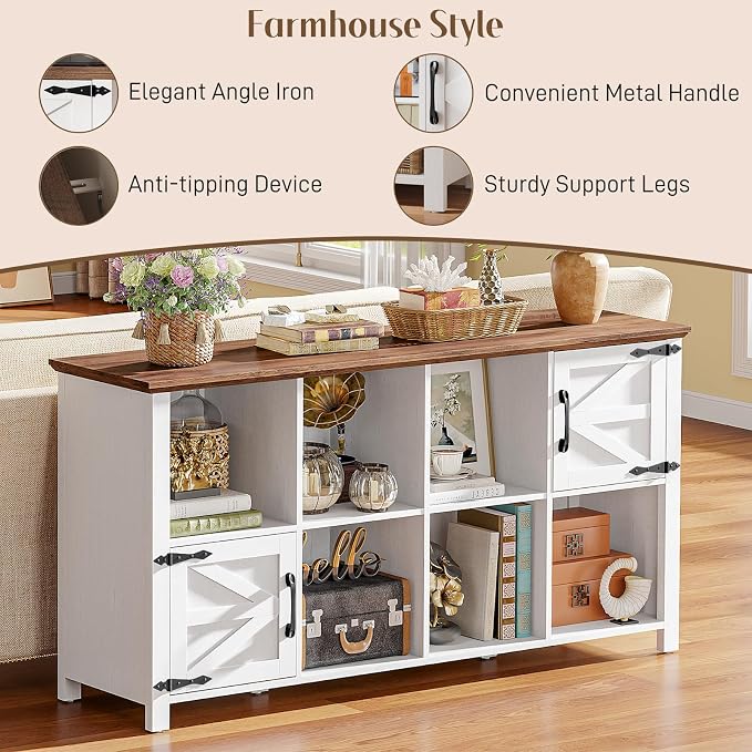 Vabches Wooden Toy Storage Organizer for Kids, Farmhouse Book & Toy Organizer with 6 Open Shelving & 2 Doors, 8-Cube Toy Shelf for Kids’ Room, Playroom & Classroom, White and Brown