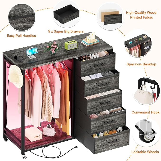 Cyclysio Storage Clothes Rack with 5 Drawers, Garment Rack with Charging Station & LED Lights, Fabric Chest Shelves Clothing Rack, Wooden Portable Wardrobe Closet