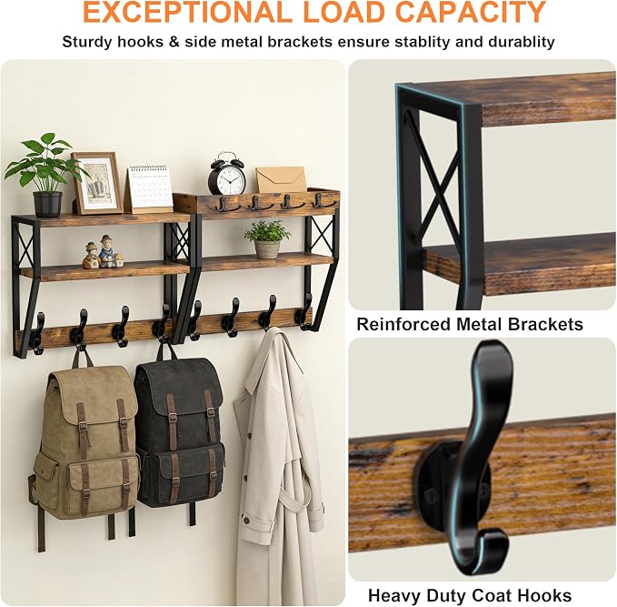 Upgraded 3-Tier Large Coat Rack Wall Mount with Shelf | 4 in 1 Versatile Coat and Key Hanger Wall Mount, 32-inch Entryway Wall Shelf with 12 Hooks for Living Room Bedroom