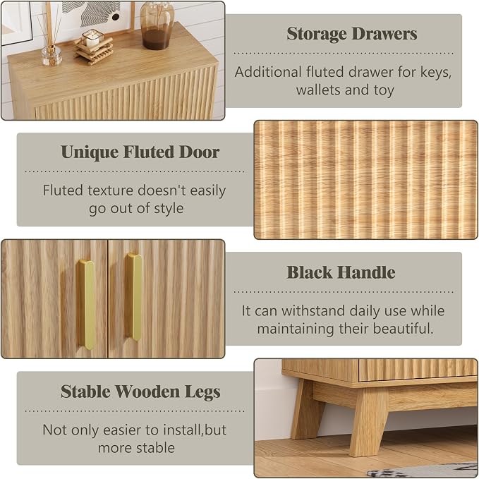 HUANLEGO Shoe Cabinet Storage for Entryway with Doors, Oak | 4 Tier Fluted Shoe Organizer with 2 Drawers, Shoe Storage with Adjustable Shelves, Freestanding Hidden Shoe Rack for Entryway