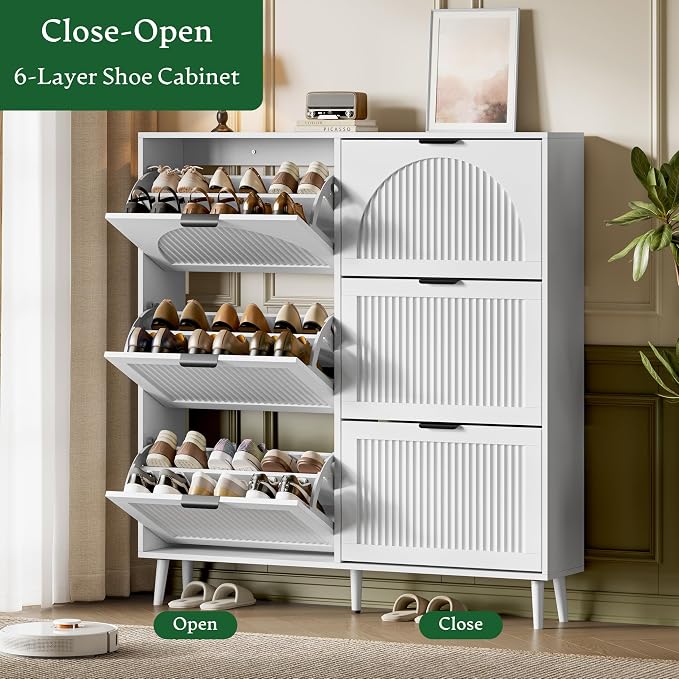 Xixini Shoe Storage Cabinet with 6 Flip Drawers, 50" Tall Narrow Wood Fluted Shoe Organizer for Entryway, Freestanding Wooden Hidden Slim Shoe Rack for Front Door Entrance, Hallway, Foyer, Solid White