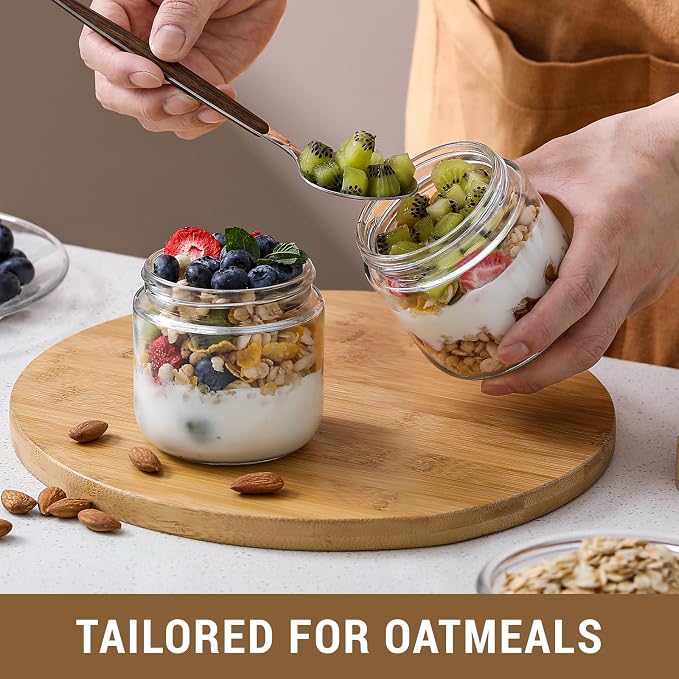 NETANY 4-pack 8oz Glass jars with Airtight Lids, Overnight Oats Containers with Bamboo Lids, Wide mouth Mason Salad jars, Glass Food Storage Containers for Snacks Yogurt Spice Sugar