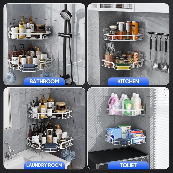 Corner Shower Caddy, Rustproof Shower Organizer with Soap Holder and 8 Hooks, No Drilling Adhesive Shower Shelves for Inside Shower, Large Capacity Shower Rack for Bathroom Shower Storage, White