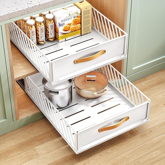 Pull out Cabinet Organizer,Heavy Duty Slide out Pantry Shelves Drawer Storage with Adhesive Nano Film,Sliding Mesh Cabinet Basket with Handle for Kitchen, Bathroom, Home, 15.8"W X 21"D X 6.2"H,White