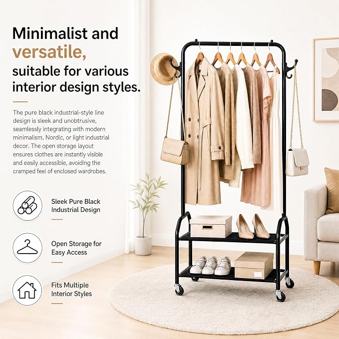 EVLIQUIL Metal Garment Rack with 2-Tier Shelves, Wheels & Side Hooks, Black